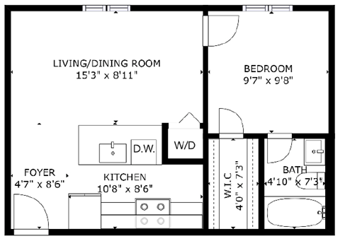 Floor plan for 1 bed, 1 bath, 437 sqft